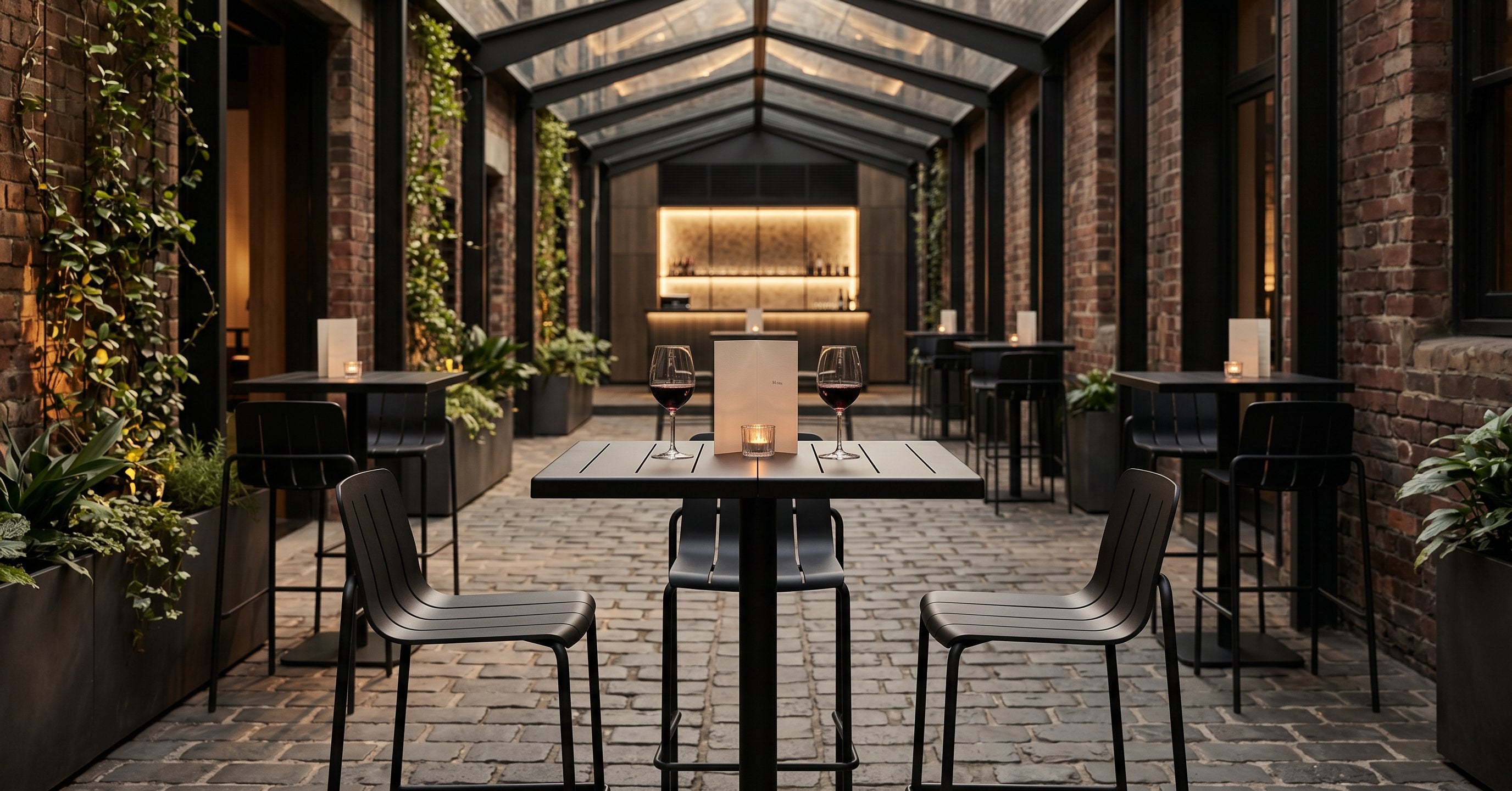 Miller outdoor bar table on an evening laneway wine terrace - Green Loop Global